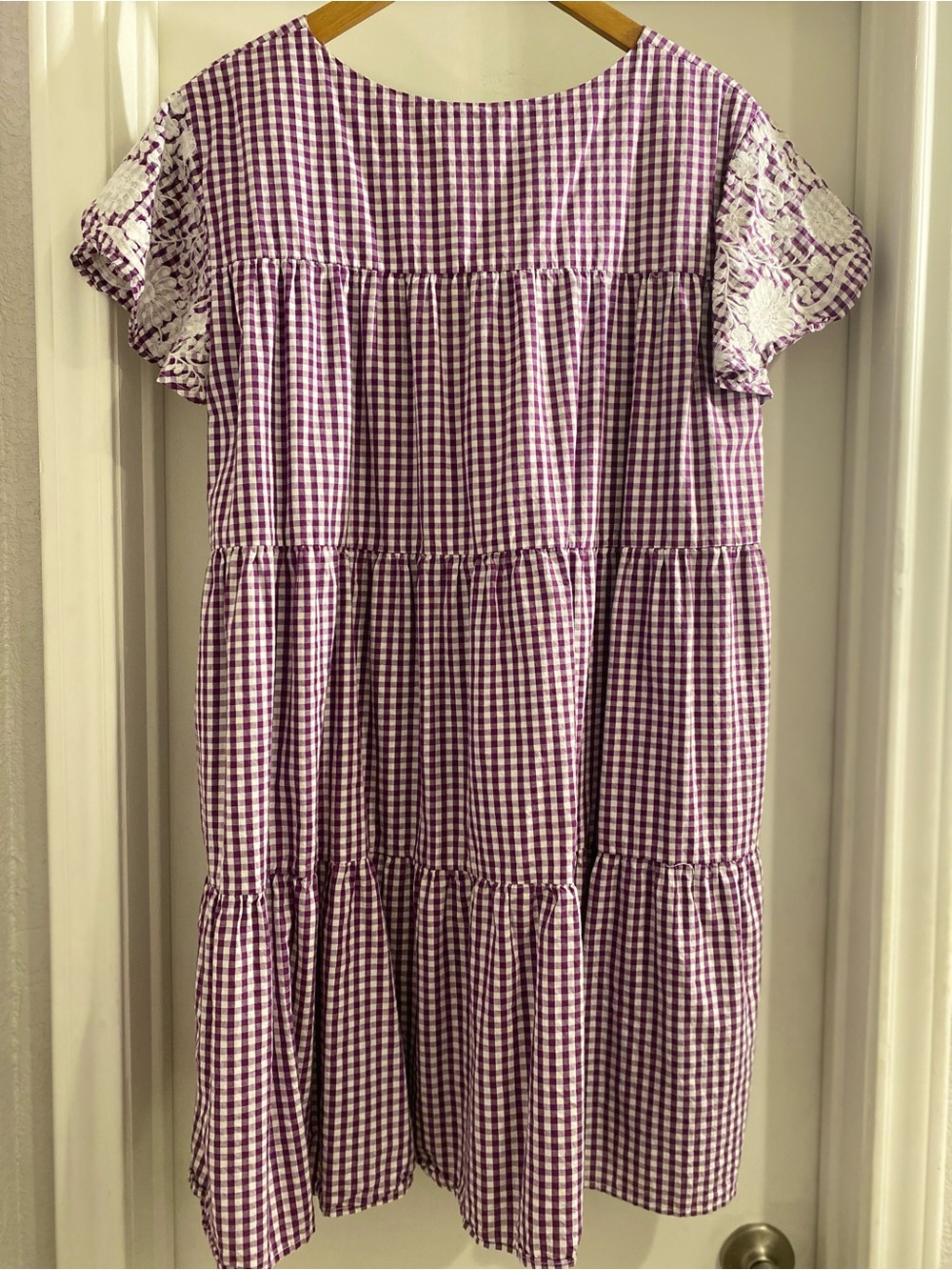 NEW J. Marie Purple Gingham Embroidered Tiered Dress Size Large - Picture 3 of 4
